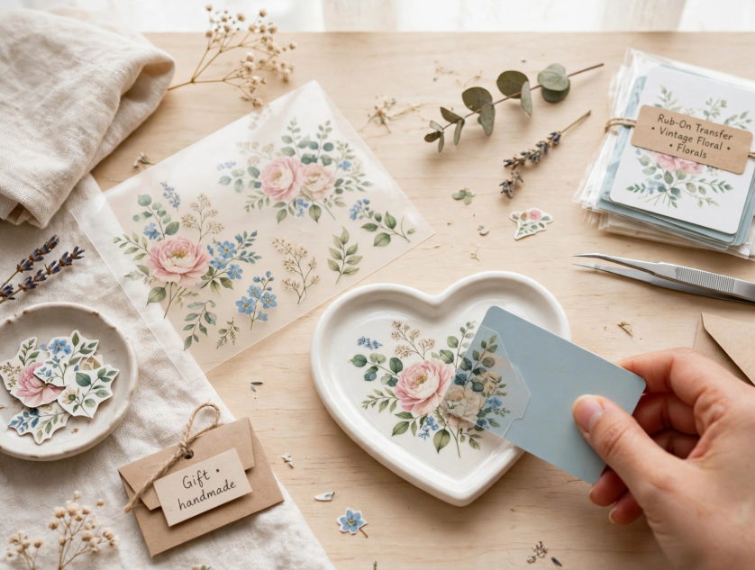 Applying floral rub-on transfers to a ceramic heart trinket dish, a quick and cheap DIY project for handmade gifts.