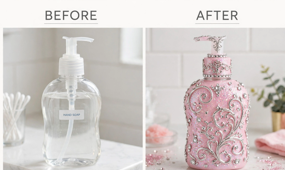 Before and after of a cheap DIY project upgrading a plain plastic hand soap dispenser into a glam pink glitter bottle with silver filigree.   