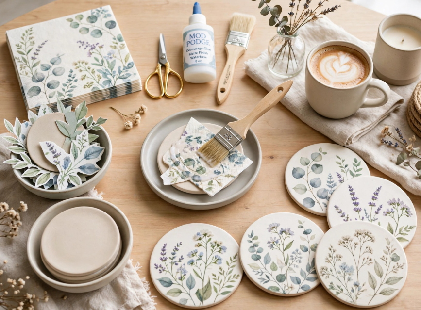 Decoupage botanical drink coasters made with paper napkins and Mod Podge, an easy and cheap DIY project.   