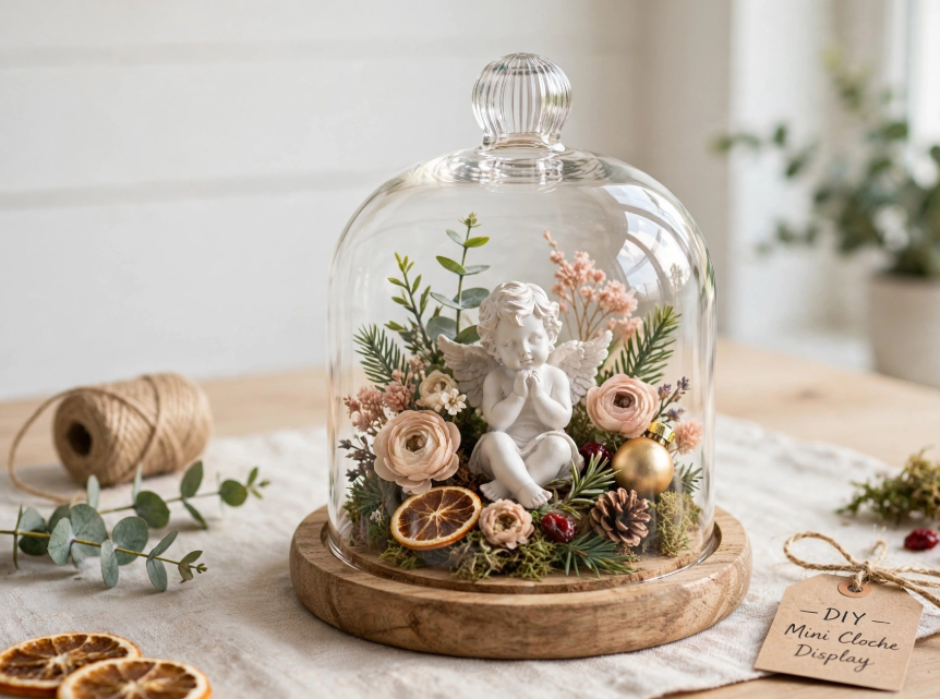 A mini glass cloche display with a praying cherub statue and dried flowers, an elegant and cheap DIY project.   