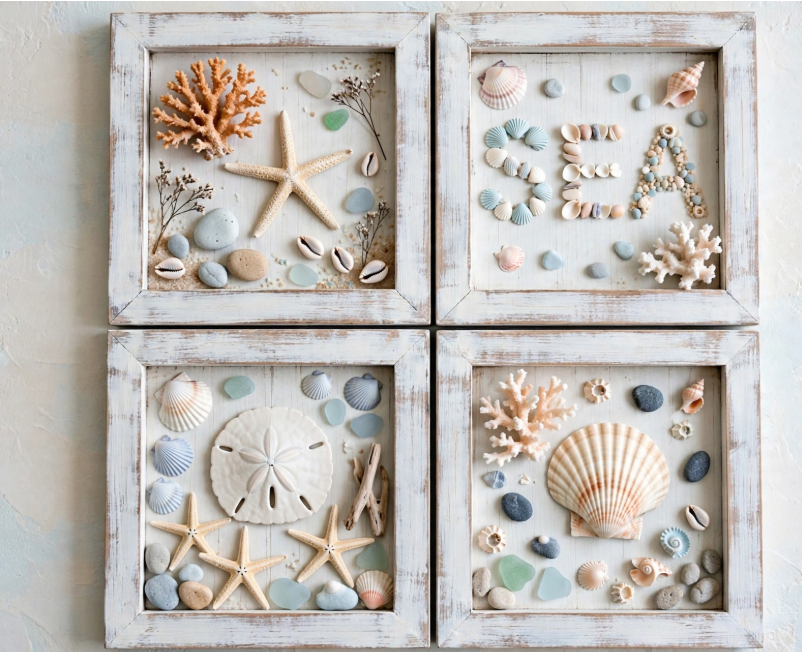 Coastal seashell and starfish shadow box wall art set, a creative and cheap DIY project.   