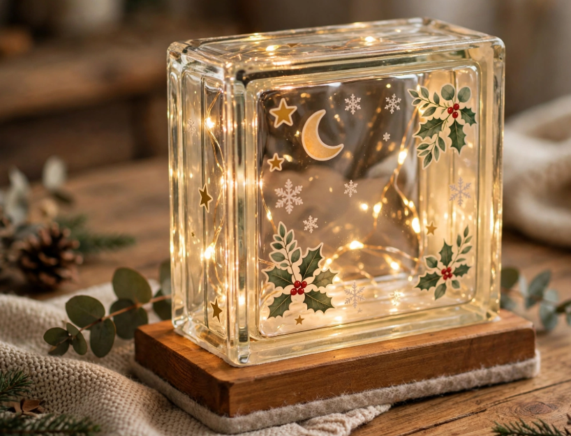 Illuminated glass block light with holiday decals and fairy lights on a wooden stand, a cozy and cheap DIY project.   