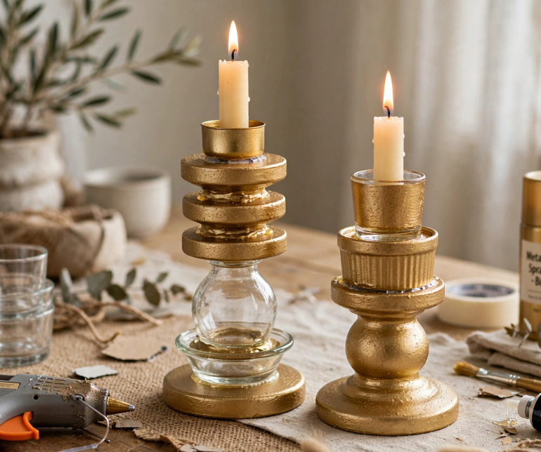 Upcycled thrift store glassware turned into elegant gold candle holders, a simple and cheap DIY project.   