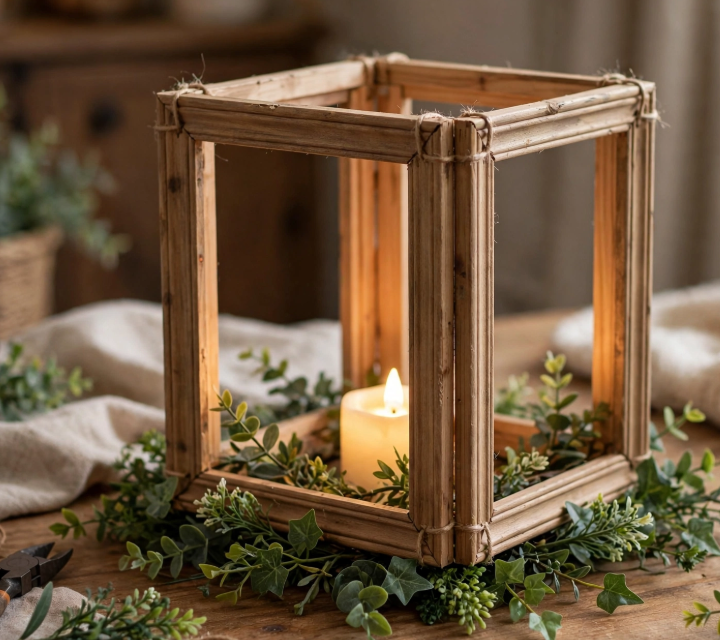 Rustic wooden picture frame candle lantern with greenery, a creative and cheap DIY project.   