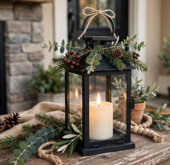 Black metal lantern decorated with evergreen sprigs, pinecones, and an LED pillar candle, a warm and cheap DIY project.   