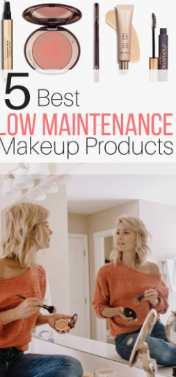 Low Maintenance Beauty Routine: A Simple 5-, 10-, and 15-Minute System A graphic titled "5 Best Low Maintenance Makeup Products" featuring a row of makeup essentials at the top and a blonde woman applying powder in front of a bathroom mirror below.