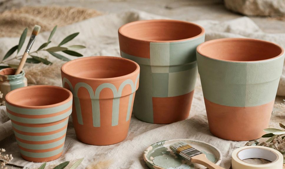 Terracotta plant pots hand-painted with sage green geometric patterns, an easy and cheap DIY project.   