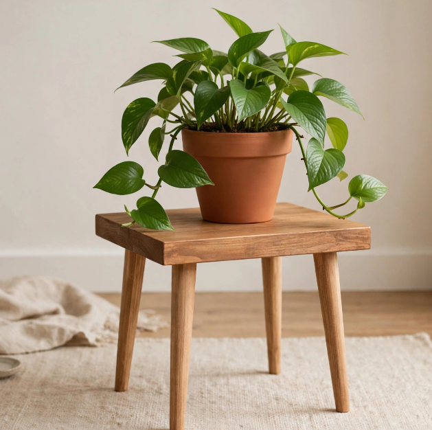 Potted pothos plant displayed on a handmade wooden plant stool, a stylish and cheap DIY project.   