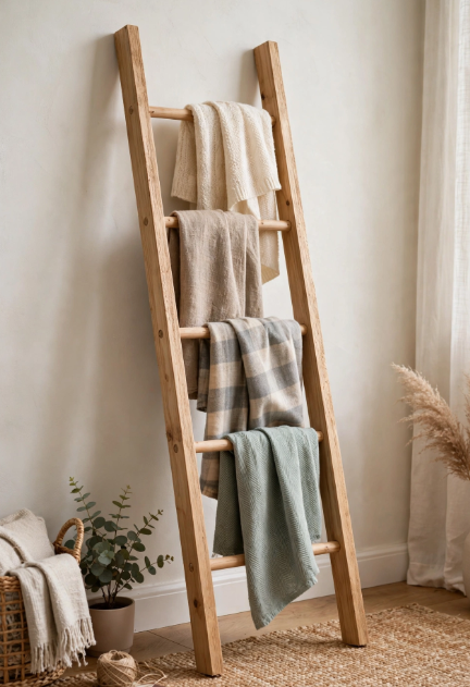 Rustic wooden blanket ladder leaning against a wall holding cozy throw blankets, an easy and cheap DIY project.   