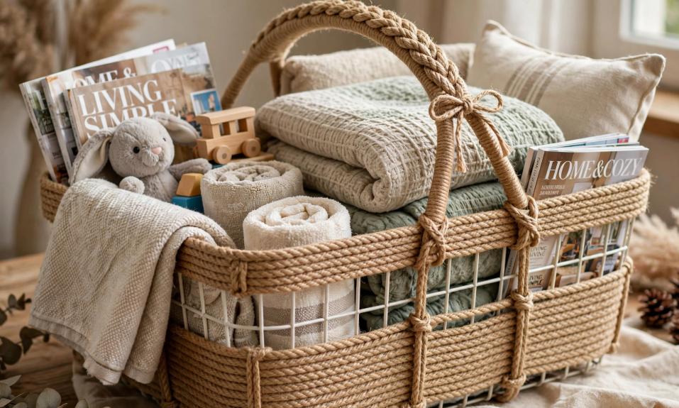 Rope-wrapped wire storage basket holding blankets, towels, and magazines, an organized and cheap DIY project.   