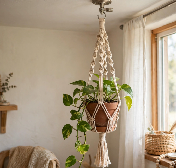 Macrame hanging plant holder with a potted green plant near a window, a boho-chic and cheap DIY project.