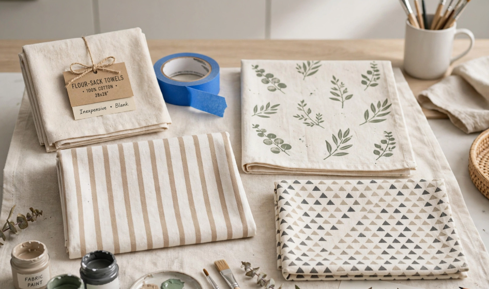 Hand-printed flour-sack tea towels with stripes, botanical prints, and geometric patterns, an easy and cheap DIY project.   