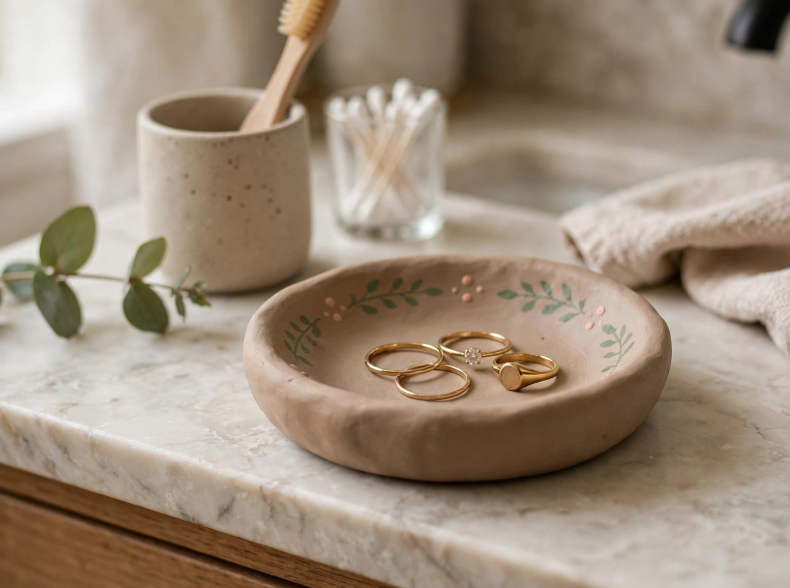 Handmade air-dry clay jewelry dish painted with botanical leaves holding gold rings, an easy and cheap DIY project.   