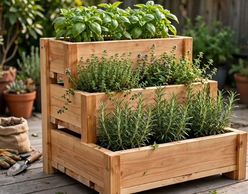Tiered wooden raised planter box filled with fresh herbs on a patio, a practical and cheap DIY project.   