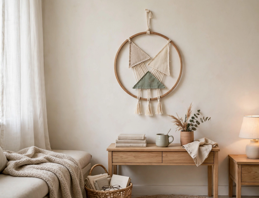 Boho embroidery hoop wall hanging with geometric fabric pendants and yarn tassels, a chic and cheap DIY project.   