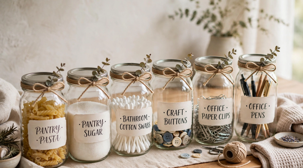 Organized glass mason jars with rustic labels and twine bows for home storage, an easy and cheap DIY project.   