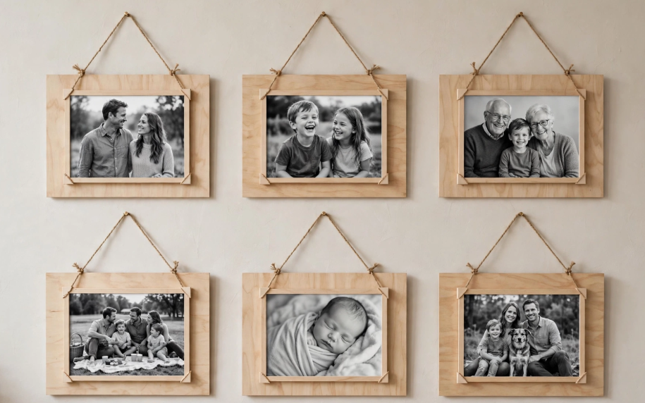 Plywood hanging gallery wall displaying black and white family photos with twine, an easy and cheap DIY project.   