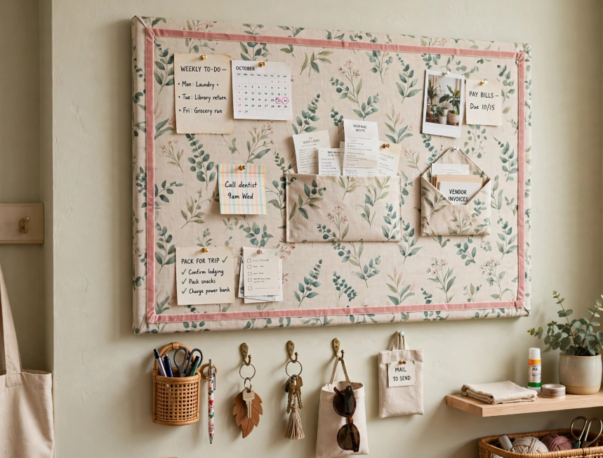 Fabric-covered cork bulletin board with pockets and notes, an organized and cheap DIY project for a home entryway or office.   