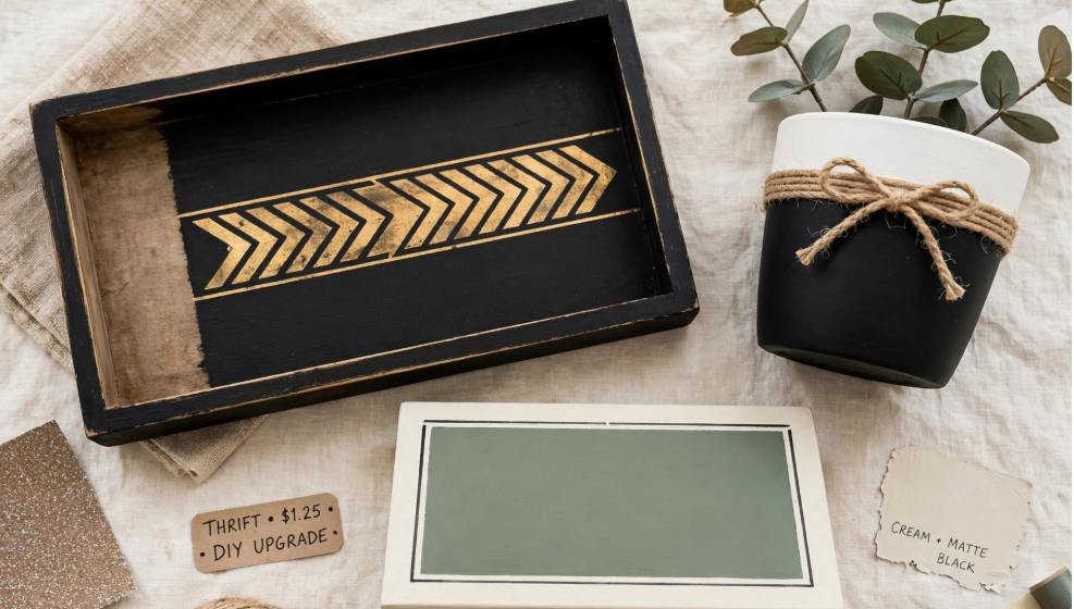 Upcycled wooden tray painted matte black with gold chevron stenciling next to a potted planter, a modern and cheap DIY project.   