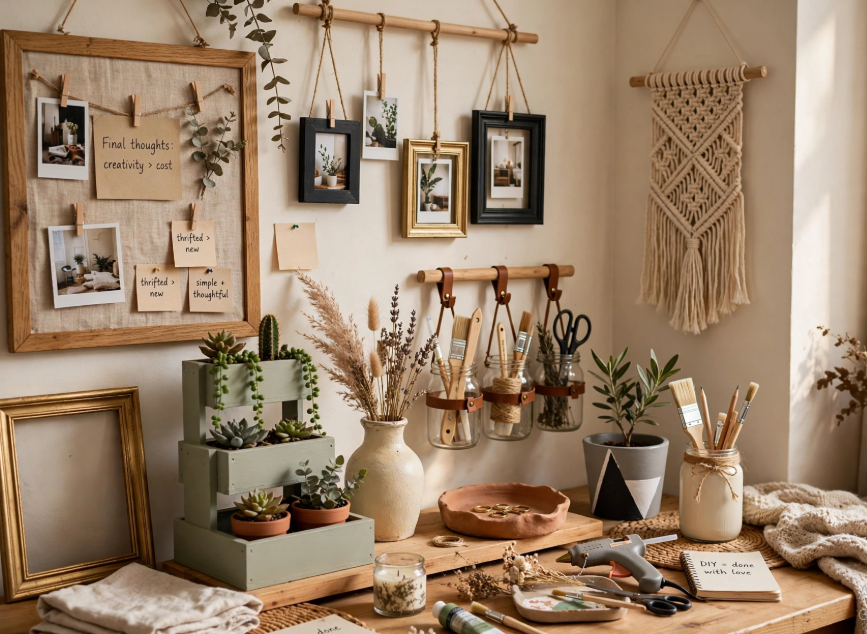 Cozy craft workspace and gallery wall featuring handmade home decor, planters, and organizers as cheap DIY projects.   