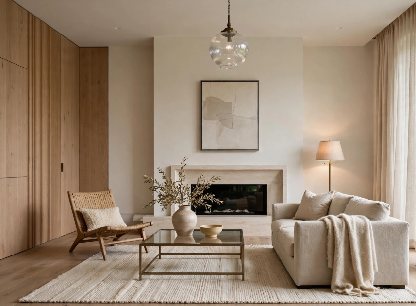 Luxury home decor on a budget featuring a minimalist neutral living room with a modern fireplace, cream linen sofa, woven accent chair, and fluted wood wall.