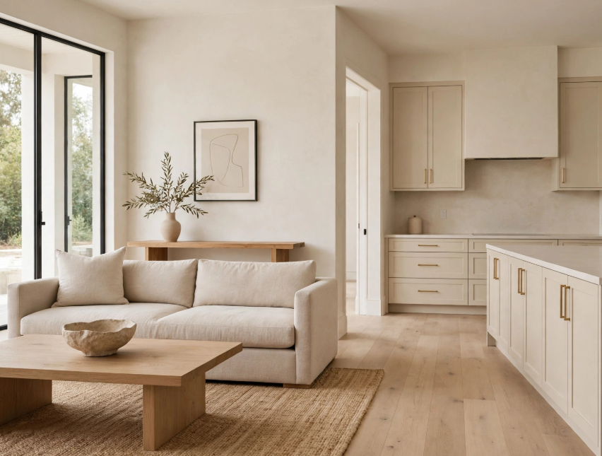 Luxury home decor on a budget featuring an open-concept living room and kitchen with a beige modern sofa, light wood coffee table, and jute rug.