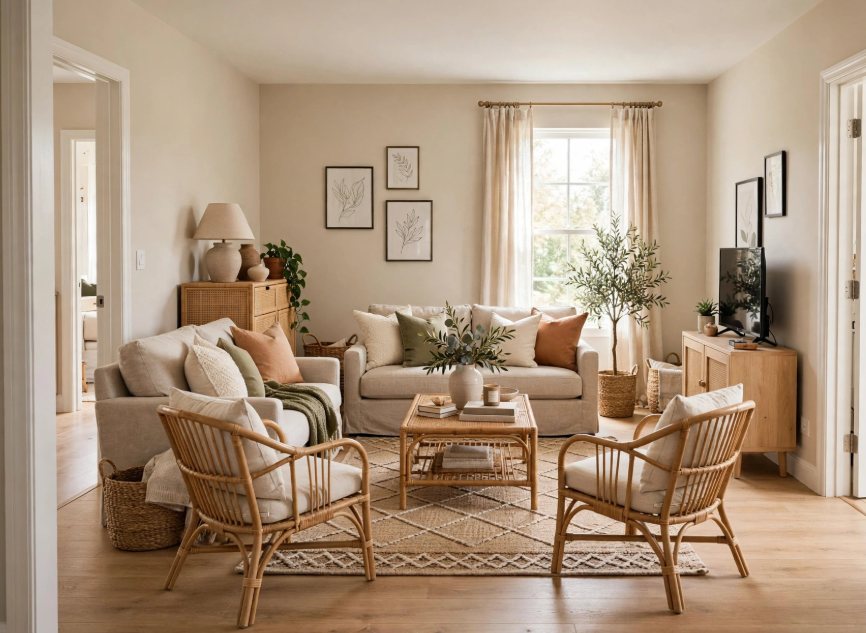 Luxury home decor on a budget featuring a cozy, warm neutral living room with rattan accent chairs, cream sofas, a geometric jute rug, and botanical framed wall art.