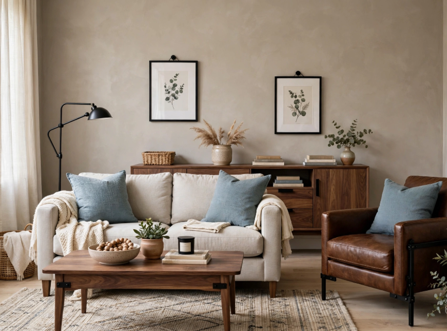 Luxury home decor on a budget featuring an earthy modern living room with a beige loveseat, brown leather armchair, dark wood sideboard, and muted blue accent pillows.