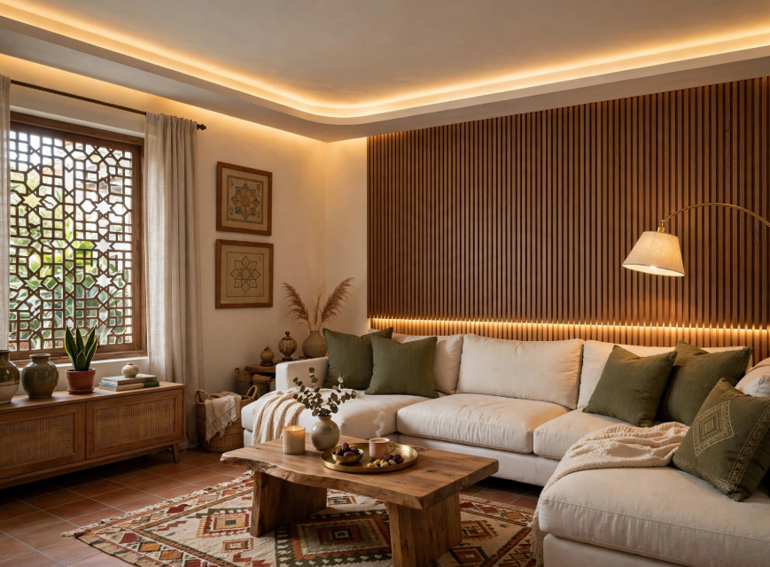 Luxury home decor on a budget featuring an elegant living room with a backlit wood slat accent wall, cream sectional sofa, olive green pillows, and a rustic live-edge coffee table.