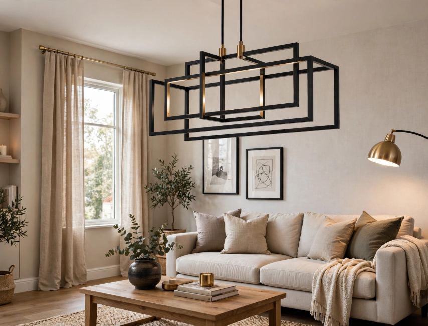 Luxury home decor on a budget featuring an open modern living room with a geometric black cage chandelier, cream linen sofa, brass floor lamp, and wooden coffee table.