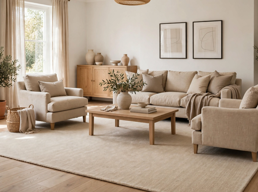 Luxury home decor on a budget featuring an expansive neutral living room with beige upholstered armchairs, linen sofa, light oak wood furniture, and a large area rug.
