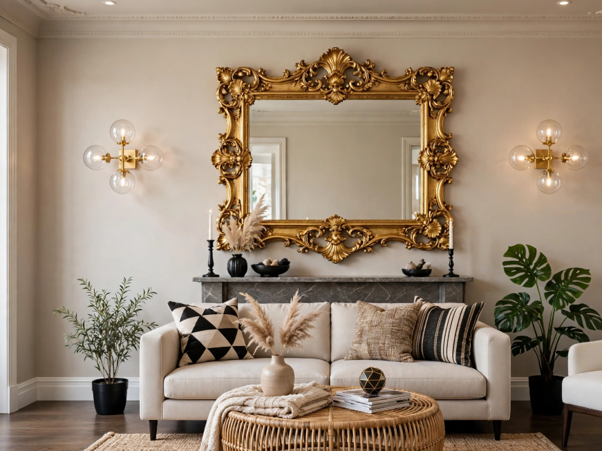 Luxury home decor on a budget featuring an ornate vintage gold baroque mirror above a white sofa flanked by brass globe wall sconces.