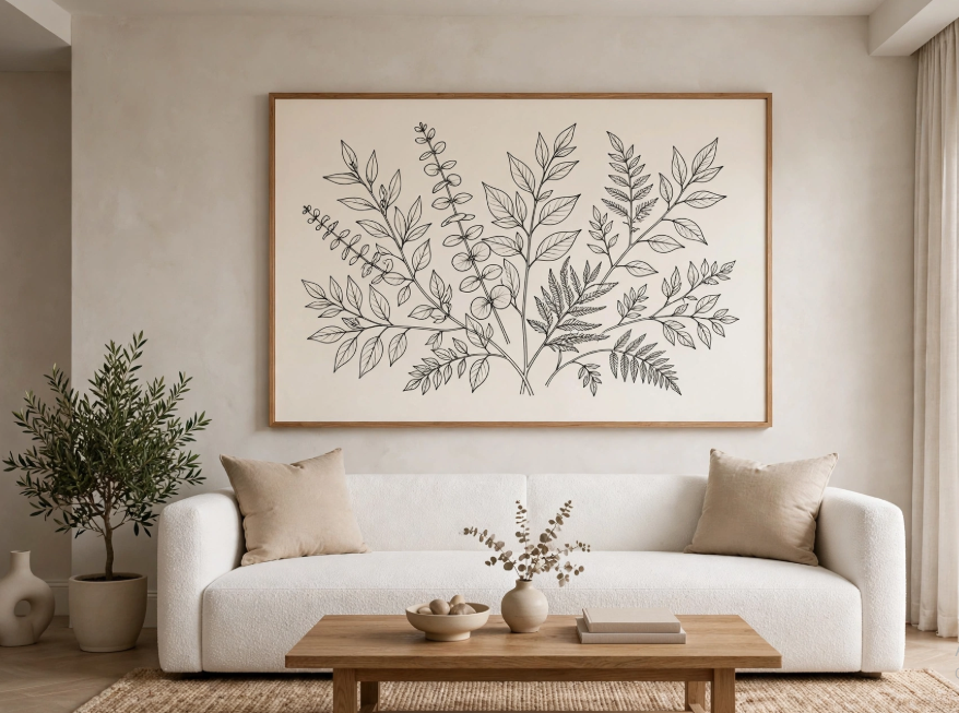 Luxury home decor on a budget featuring an oversized botanical line art framed print above a white modern sofa with a light oak coffee table.