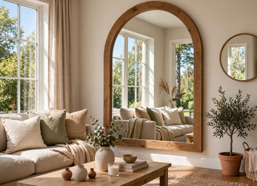 Luxury home decor on a budget featuring an oversized wooden arched floor mirror reflecting a bright living room with a beige sofa, earthy green pillows, and an indoor olive tree.