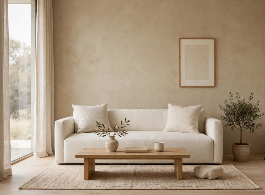 Luxury home decor on a budget featuring a minimalist wabi-sabi living room with textured limewash walls, a low-profile cream sofa, light oak coffee table, and an indoor olive tree.
