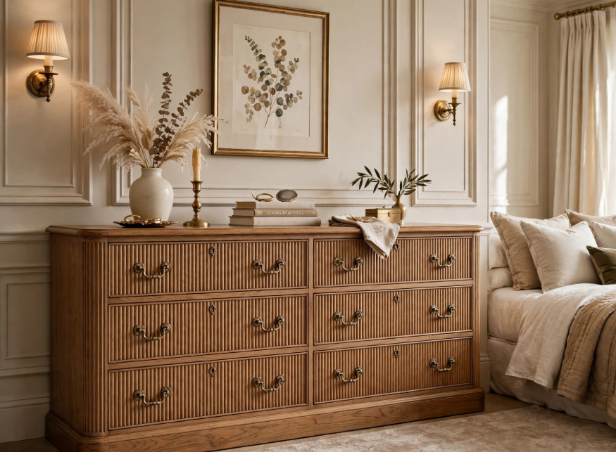 Luxury home decor on a budget featuring an elegant bedroom with a fluted wooden dresser, antique brass wall sconces, framed botanical art, and molding panel walls.