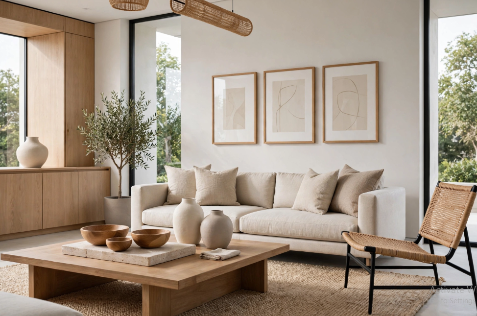Luxury home decor on a budget featuring an organic modern living room with a triptych gallery wall, beige modular sofa, low oak coffee table, and woven rattan accent chair.