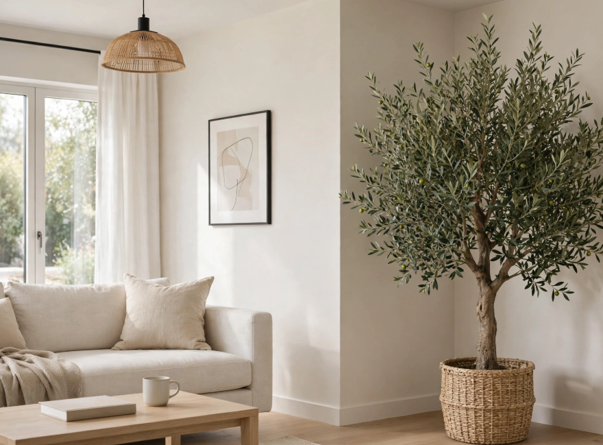 Luxury home decor on a budget featuring an indoor corner faux olive tree in a woven basket beside a cream sofa and rattan pendant light.