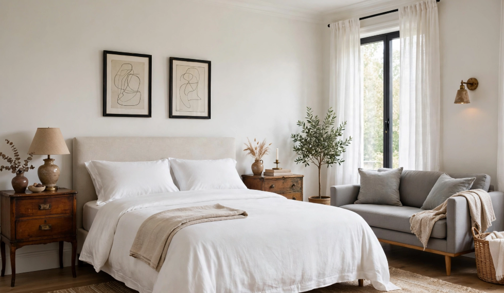 Luxury home decor on a budget featuring an elegant bedroom with an upholstered beige headboard, white linen bedding, antique wood nightstands, and a small grey seating loveseat.