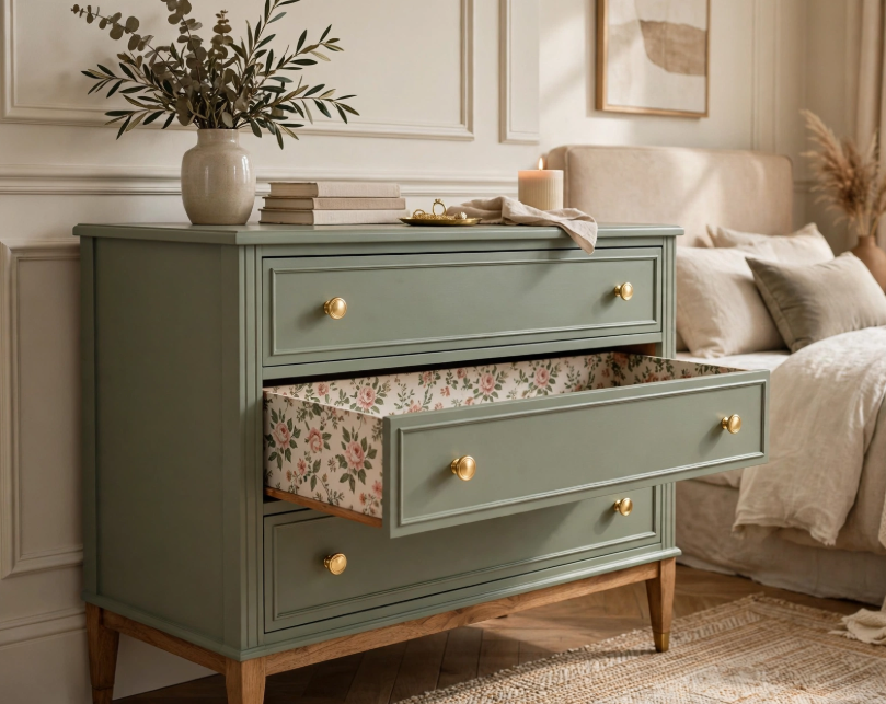 Luxury home decor on a budget featuring an upcycled sage green dresser with brass knobs, floral-lined drawers, and bedside styling against paneled walls.