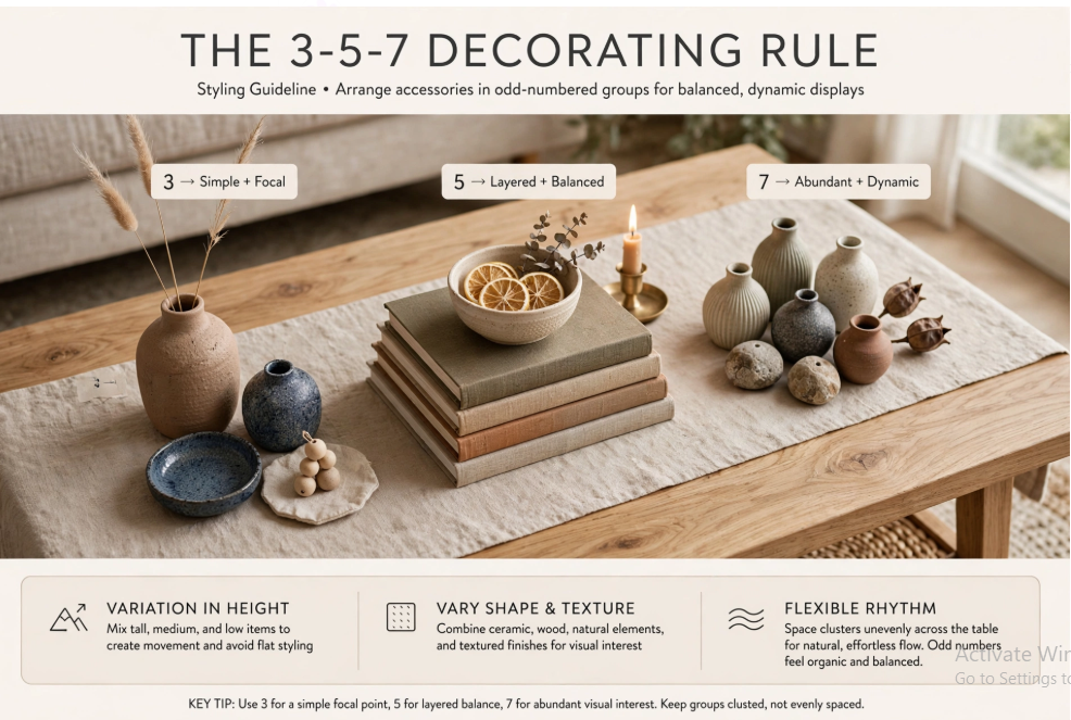 Luxury home decor on a budget guide illustrating the 3-5-7 decorating rule with ceramic vases, stacked books, and candles on a coffee table runner.