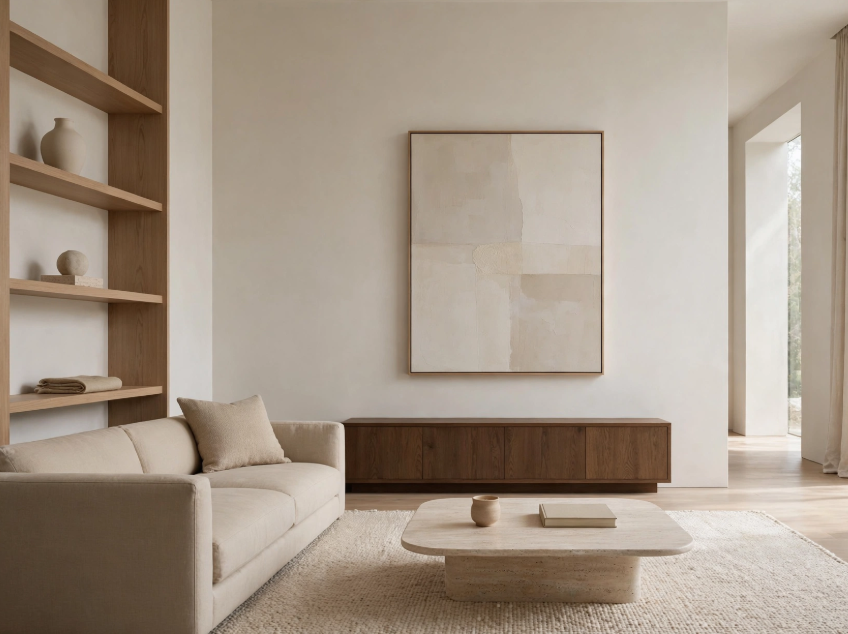 Luxury home decor on a budget featuring a minimalist neutral living room with a low travertine coffee table, beige couch, dark wood credenza, and large abstract canvas art.