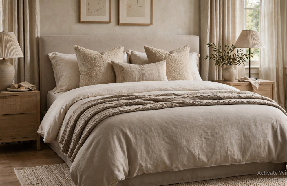 Luxury home decor on a budget featuring an elegant neutral bedroom with layered beige linen bedding, cable knit throw blanket, upholstered headboard, and pleated lamp shades.