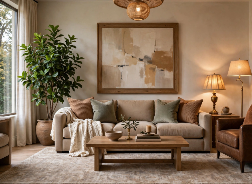 Luxury home decor on a budget featuring an earth-toned living room with a beige sofa, sage green pillows, large framed abstract art, and a potted fiddle leaf fig tree.