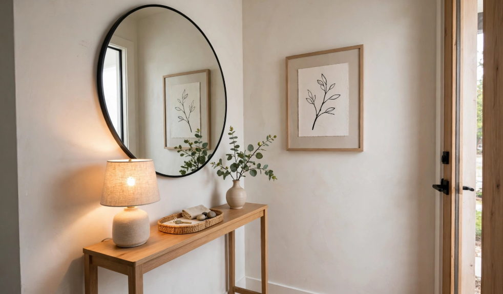 Luxury home decor on a budget featuring an entryway styled with a slim oak console table, large black round mirror, ceramic table lamp, and framed botanical print.