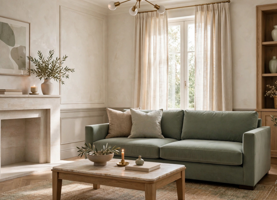 Luxury home decor on a budget featuring an elegant living room with a sage green sofa, marble-top wooden coffee table, stone fireplace mantel, and sheer linen curtains.