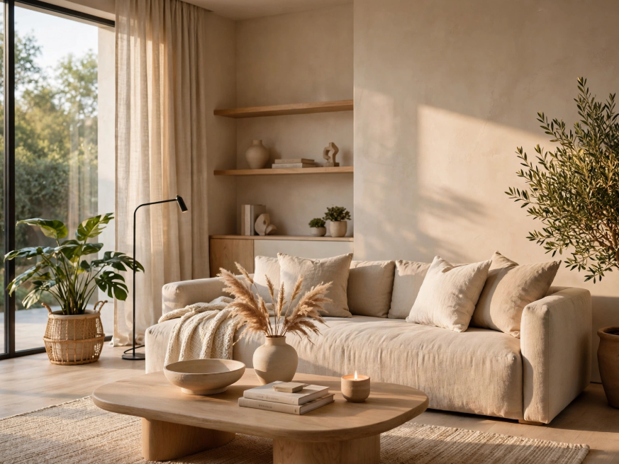 Luxury home decor on a budget featuring a sun-drenched Japandi living room with a low-profile beige sofa, curved light wood coffee table, open floating shelves, and an indoor potted olive tree.