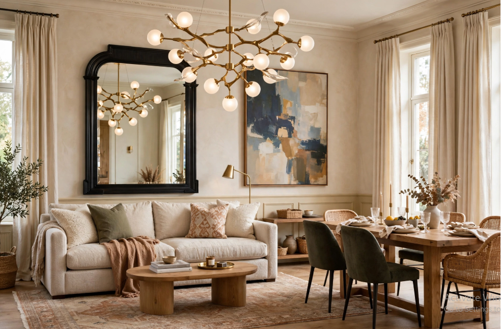 Luxury home decor on a budget featuring an open living and dining room with a branch brass chandelier, large arched black leaner mirror, beige sofa, and wood dining set.