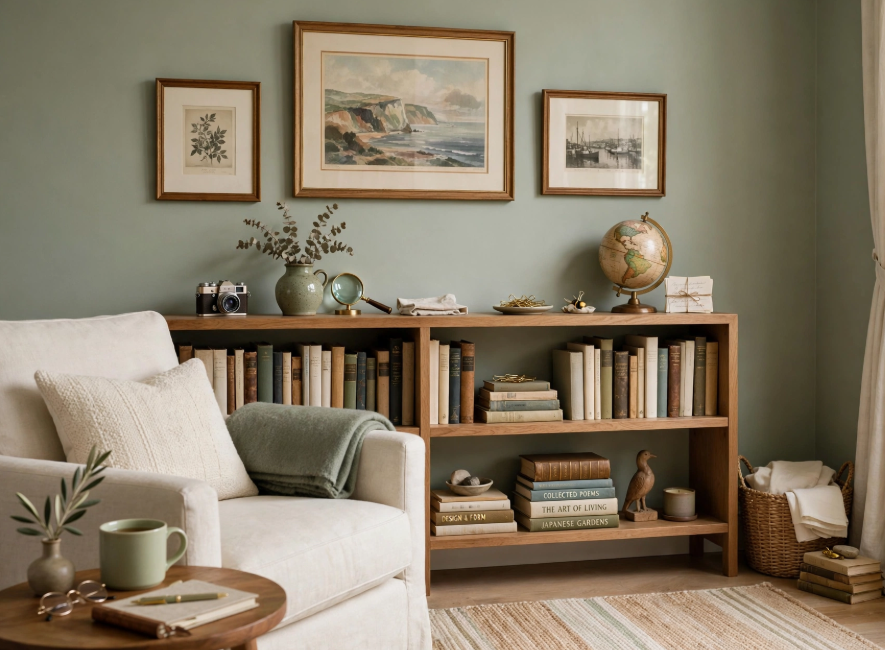 Luxury home decor on a budget featuring a sage green reading nook with a low oak bookcase, cozy cream armchair, vintage globe, and framed landscape gallery wall.
