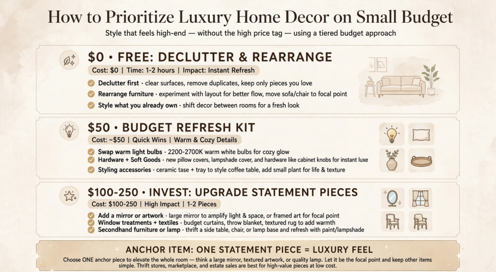 Luxury home decor on a budget guide outlining a tiered spending approach for decluttering, $50 room refreshes, and statement anchor pieces.